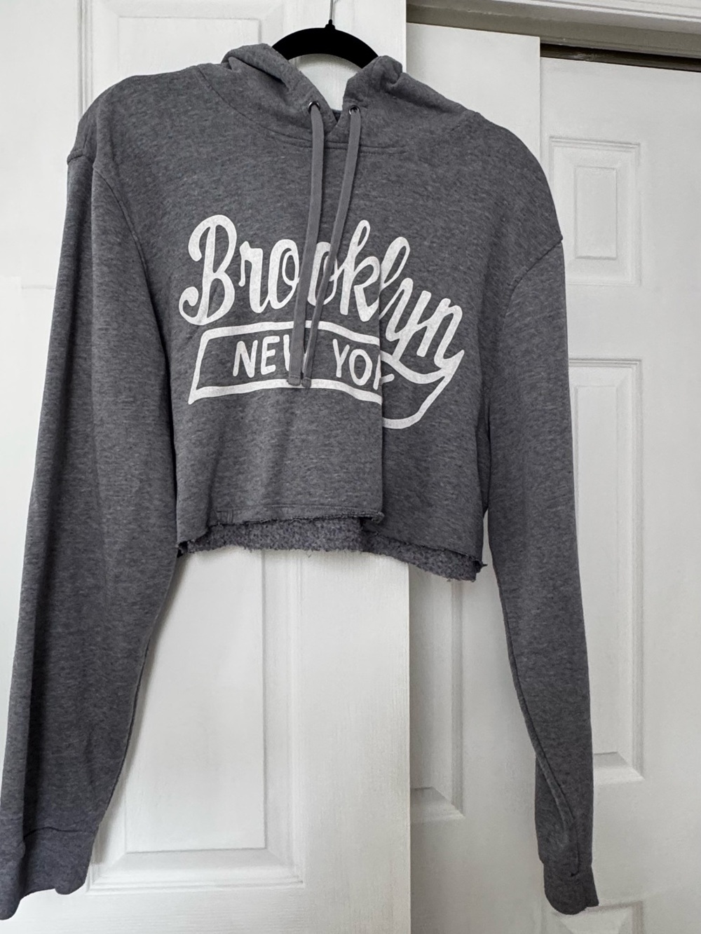 Old Navy Gray Cropped Hoodie Sweater with White 'Brooklyn New York' Graphic